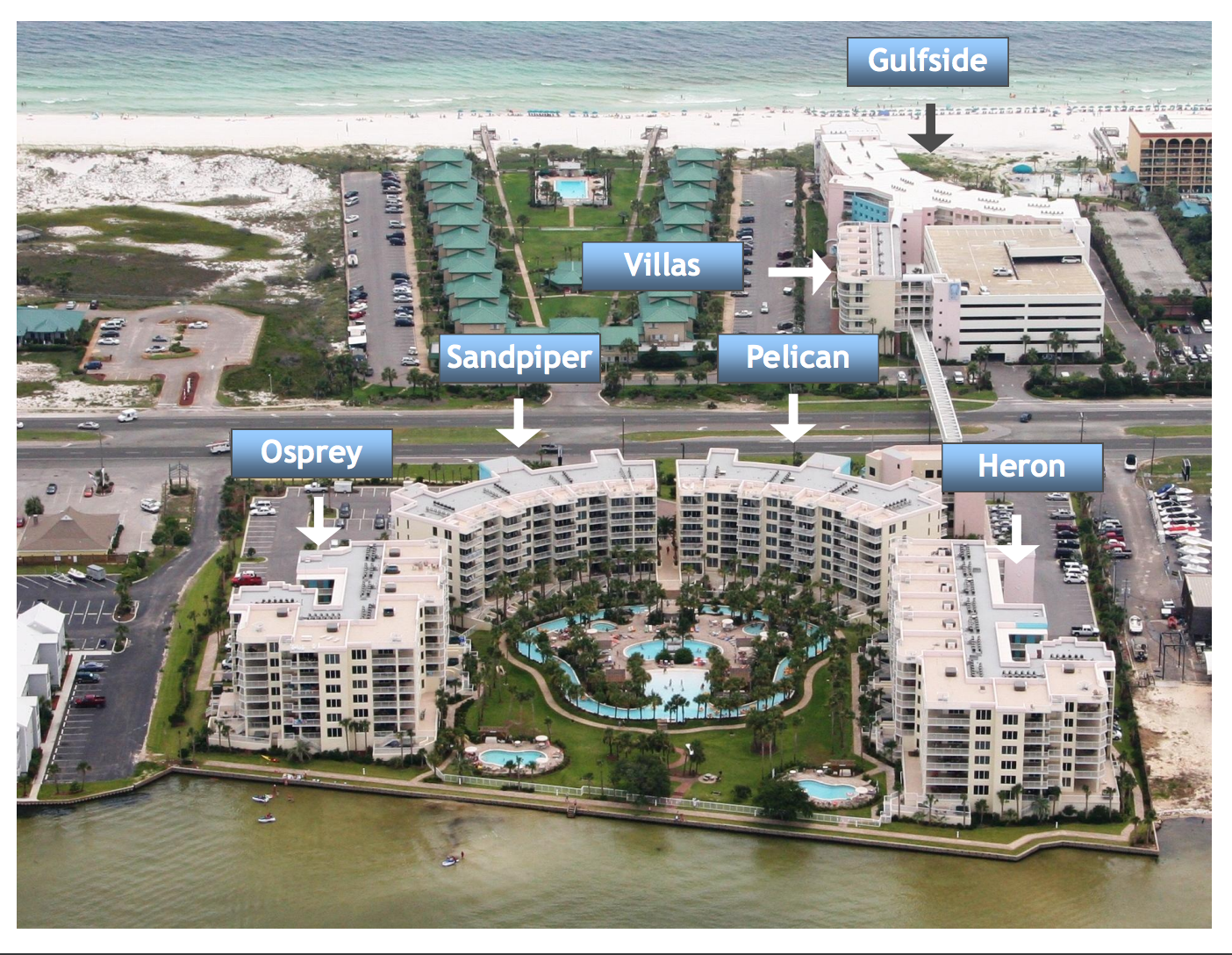 aerial map of destin west resort, showing the location of the gulfside condos and villas, as well as bayside buildings of osprey, heron, sandpiper, and pelican.